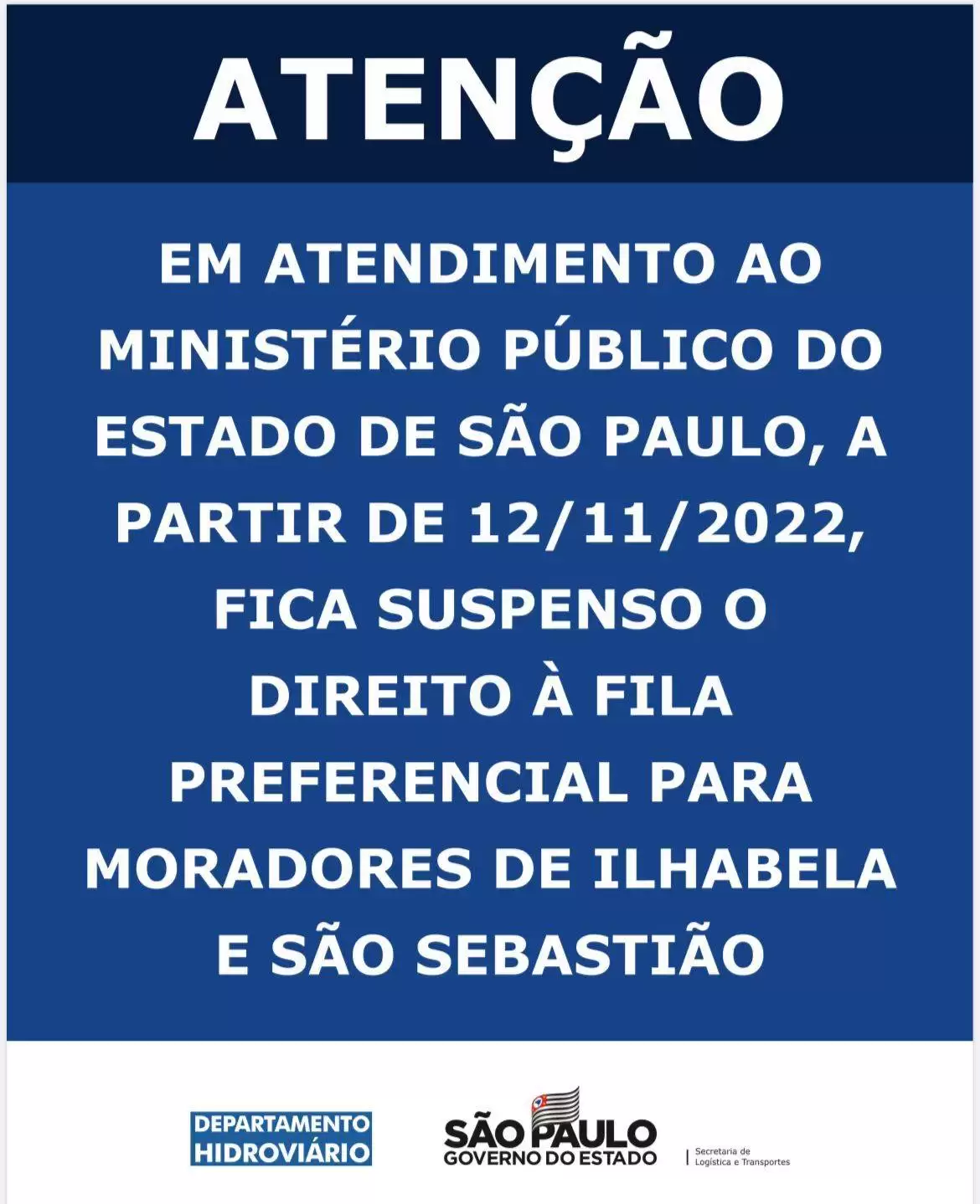 Aviso do Departamento Hidroviário sobre suspensão da prioridade na travessia da balsa
